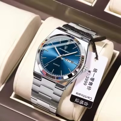POEDAGAR 930 Men's Stainless Steel Watch – Water Resistant, Luminous Display, Date & Day Feature